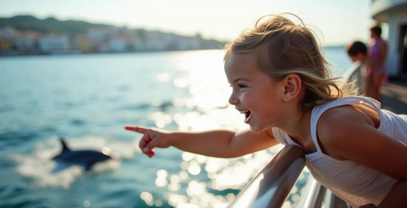 Enfant émerveillé observant des dauphins depuis le pont d'un ferry en Méditerranée