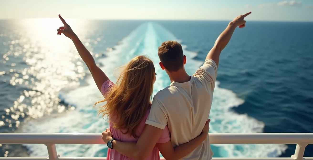 Famille admirant la mer depuis le pont supérieur d'un ferry