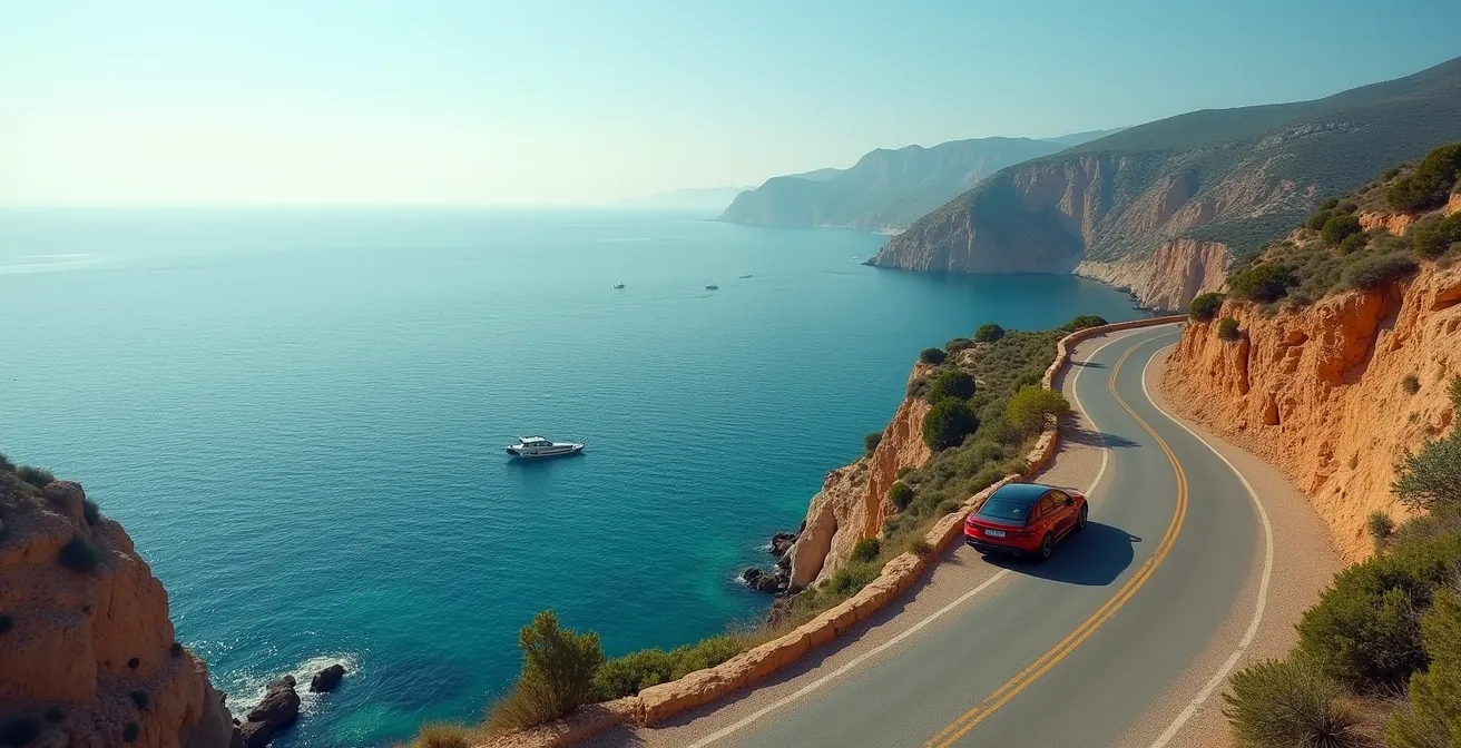 Voiture longeant une route côtière sauvage en Sardaigne